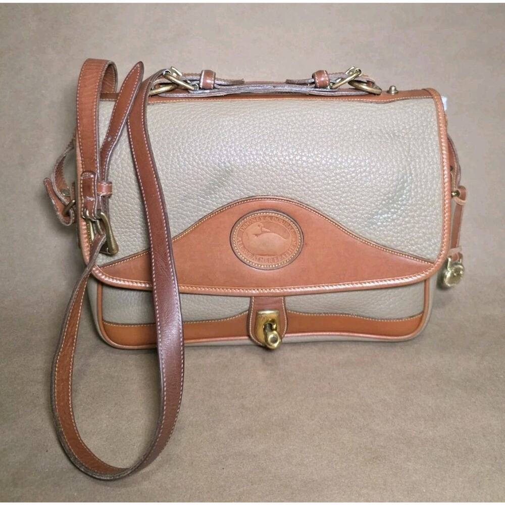 Vintage Dooney & Bourke Classic Bag Crossbody Taupe & Tan AWL Brass Hardware *